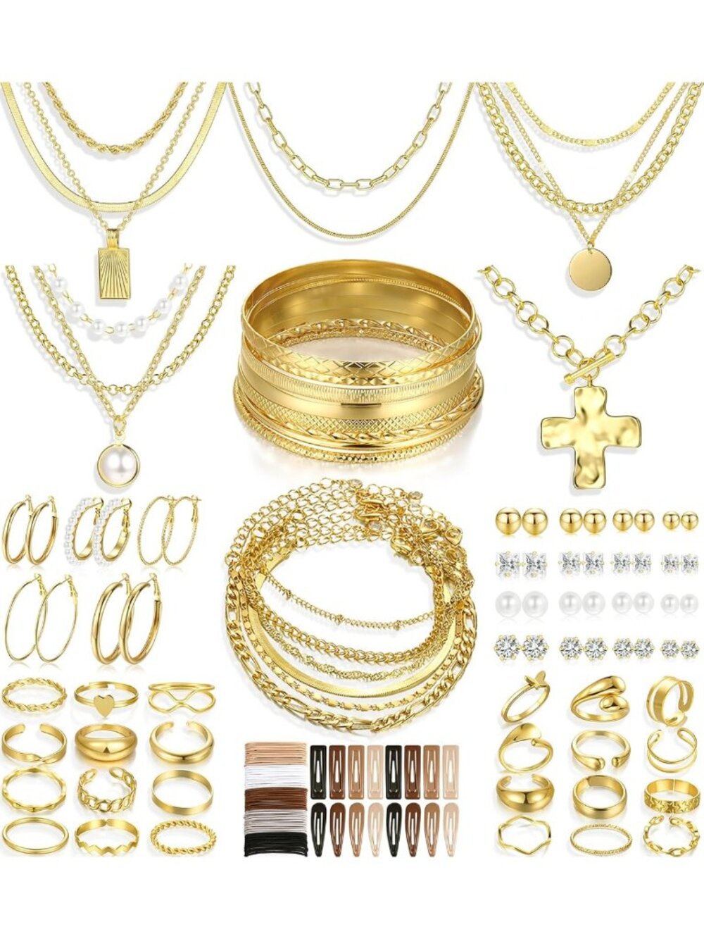 68-Piece Gold Jewelry Set: Necklaces, Bracelets, Earrings & Knuckle Rings Gift